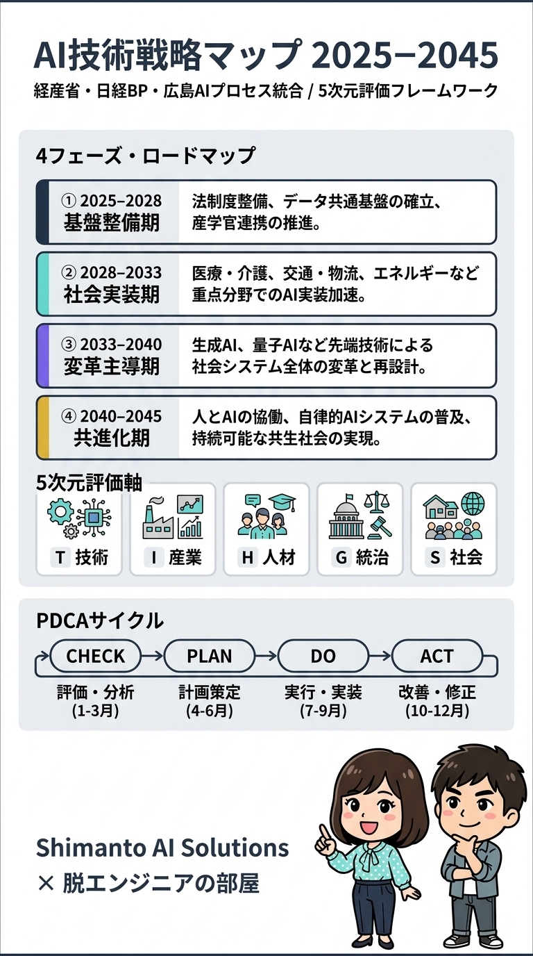 AI技術戦略マップ 2025-2045 — 4フェーズ・5次元評価軸・PDCAの全体図