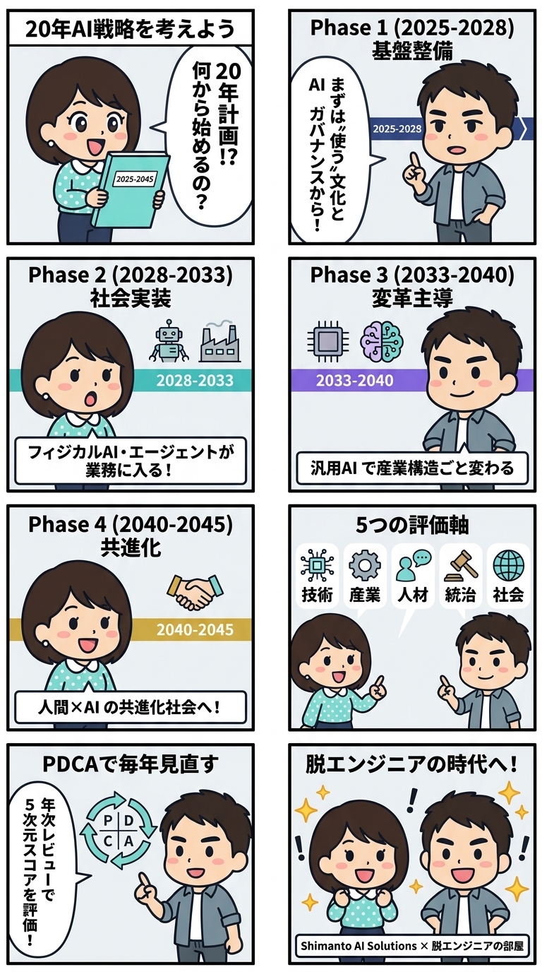 ミドリとタツヤがAI技術戦略マップ20年ロードマップを8コマで解説