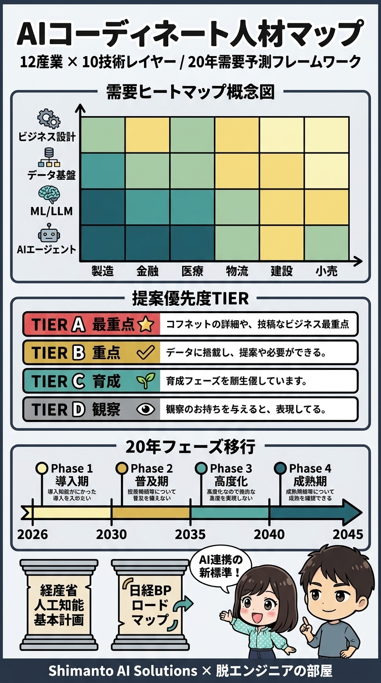 AIコーディネート人材マップ — 12産業×10技術レイヤー需要ヒートマップの全体図