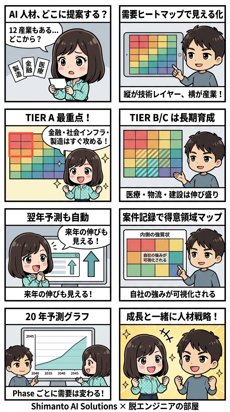ミドリとタツヤがAIコーディネート人材戦略を8コマで解説